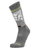 Gray sock with a patterned design on a white background