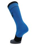 Blue sock with black logo on a white background