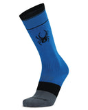 Blue sock with black spider logo on a white background