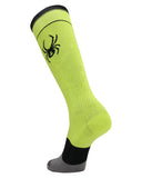 Bright yellow knee-high sock with black spider logo on a white background