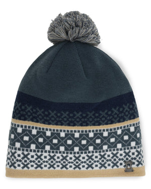 Knitted beanie with pom-pom and patterned band on a white background