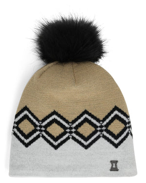 Beige and gray knit beanie with black diamond pattern and black pom-pom on a white background
