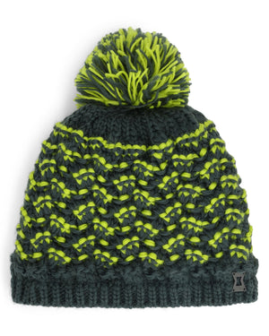 Knitted beanie with green pattern and pom-pom on a white background