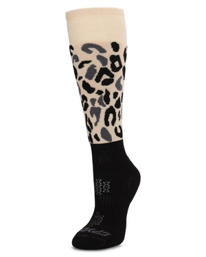 Knee-high sock with leopard print pattern on beige background