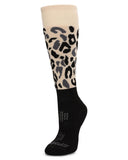 Knee-high sock with leopard print pattern on beige background