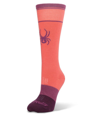 Orange and purple sock with a spider logo on a white background