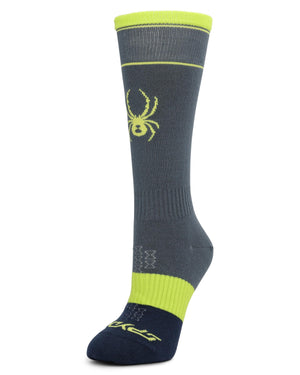 Light grey and lime green ski sock on a white background. 