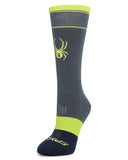 Light grey and lime green ski sock on a white background. 