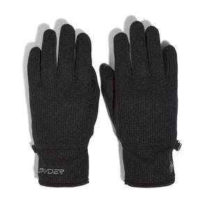 A pair of black Spyder Bandita gloves designed for cold weather activities, featuring touchscreen-compatible fingertips and elasticized wrist.