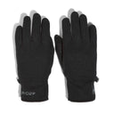 A pair of black Spyder Bandita gloves designed for cold weather activities, featuring touchscreen-compatible fingertips and elasticized wrist.