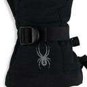 Close up of black mitten with Spyder logo and white background.