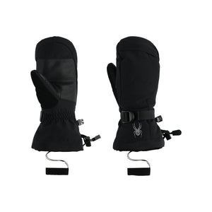 A pair of black kids' ski mittens with visible brand logo on the back, designed with waterproof and breathable features, insulation, and a wrist leash.