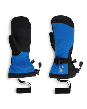 Pair of blue and black ski mittens on a white background