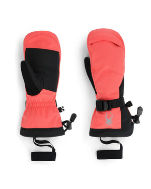 Pair of pink and black ski mittens on a white background
