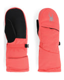 Pair of coral mittens with black interior on a white background