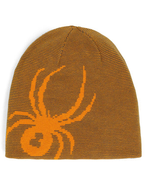 Brown knit beanie with orange spider design on a white background