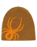 Brown knit beanie with orange spider design on a white background