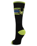 Black sock with green accents and a spider logo on a white background