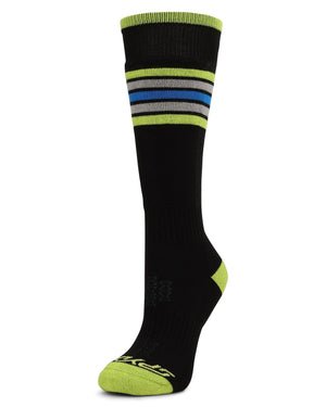 Black sock with green and gray stripes on a white background