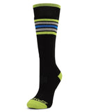 Black sock with green and gray stripes on a white background