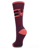 Purple sock with pink accents and a spider logo on a white background