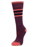 Purple sock with red and black stripes on a white background