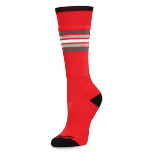 Red sock with black and gray stripes on a white background