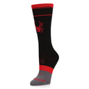 A black ski sock with red accents and a spider logo on the calf.