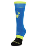 Blue sock with yellow spider logo on a white background