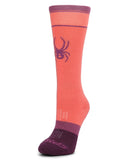 Pink and purple sock with a spider logo on a white background