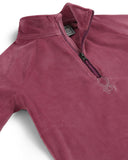 Maroon fleece pullover with a small embroidered design on a white background