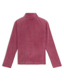 Pink fleece pullover with a brand logo on the back against a white background