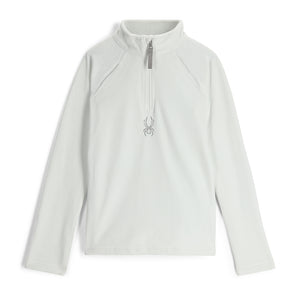 A white long-sleeved girls' pullover with a half zipper and a Spyder logo on the chest.