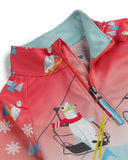 Children's pink jacket with penguin design and snowflake patterns on a white background