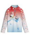 Children's hoodie with ski lift and snowman design on a white background