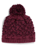 Maroon knit beanie with pom-pom on a white background