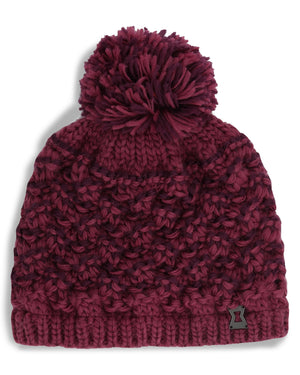 Maroon knit beanie with pom-pom on a white background