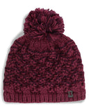 Maroon knit beanie with pom-pom on a white background