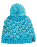 Blue knit beanie with pom-pom on a white background