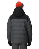 Person wearing a black and gray puffer jacket with a red beanie on a white background