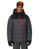 Person wearing a gray and black winter jacket with red accents on a white background