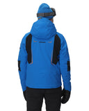 Blue winter jacket with black accents on a white background