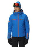 Person wearing a blue ski jacket with orange accents on a white background