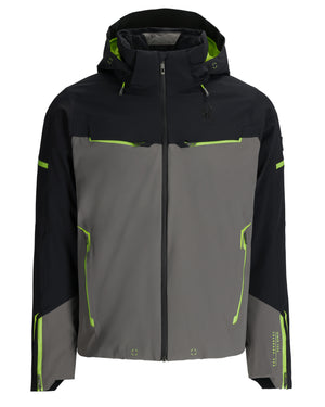 Black, gray, and green jacket with a hood on a white background