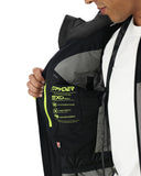 Person wearing a black jacket with Spyder branding on a white background