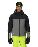 Person wearing a black and gray ski jacket with neon green accents on a white background