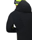 Person wearing a black jacket with a hood on a white background