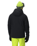 Person wearing a black jacket, green beanie, and yellow pants on a white background