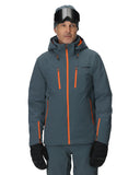Man wearing a gray ski jacket with orange accents on a white background