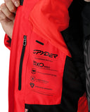 Red Spyder jacket with performance features text on a white background